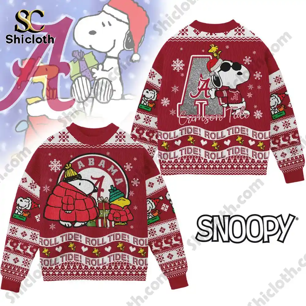 Alabama Crimson Tide themed Christmas sweater featuring Snoopy and Woodstock with a holiday design.