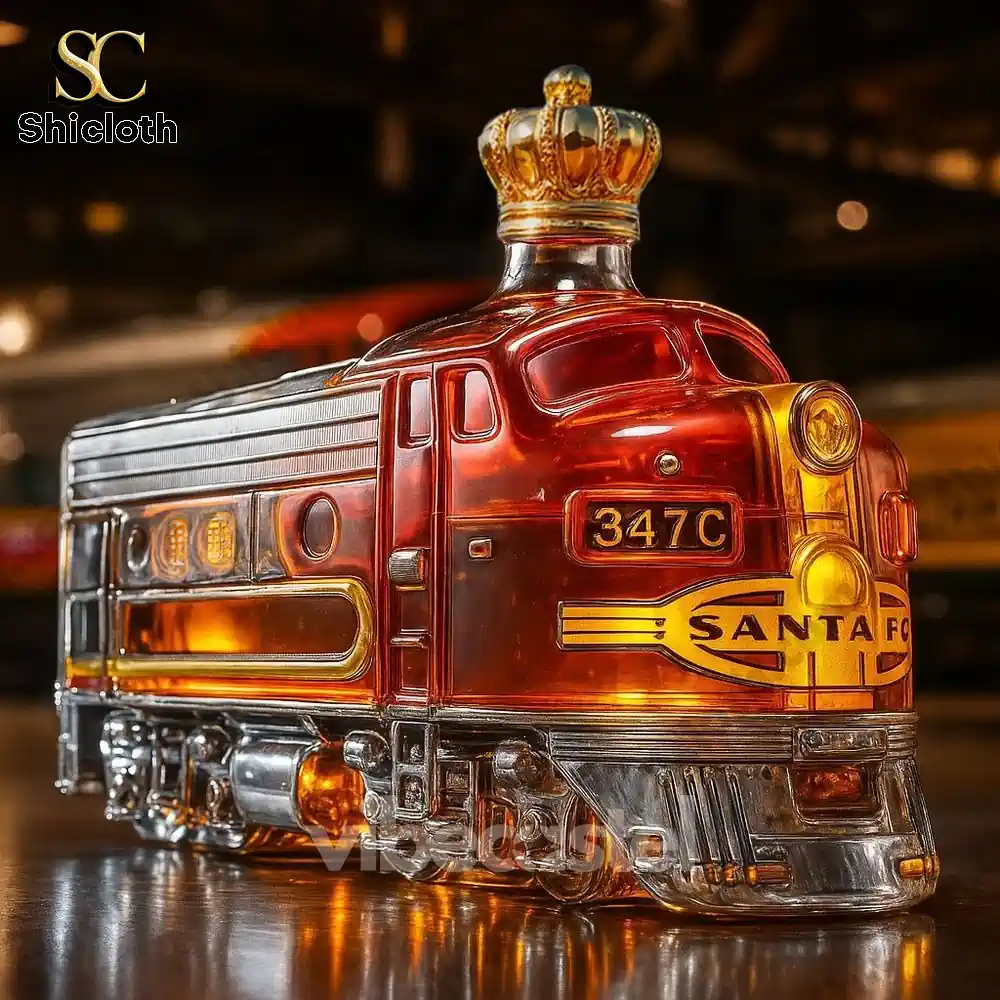 A Santa Fe train shaped whiskey bottle with a crown cap on a table.