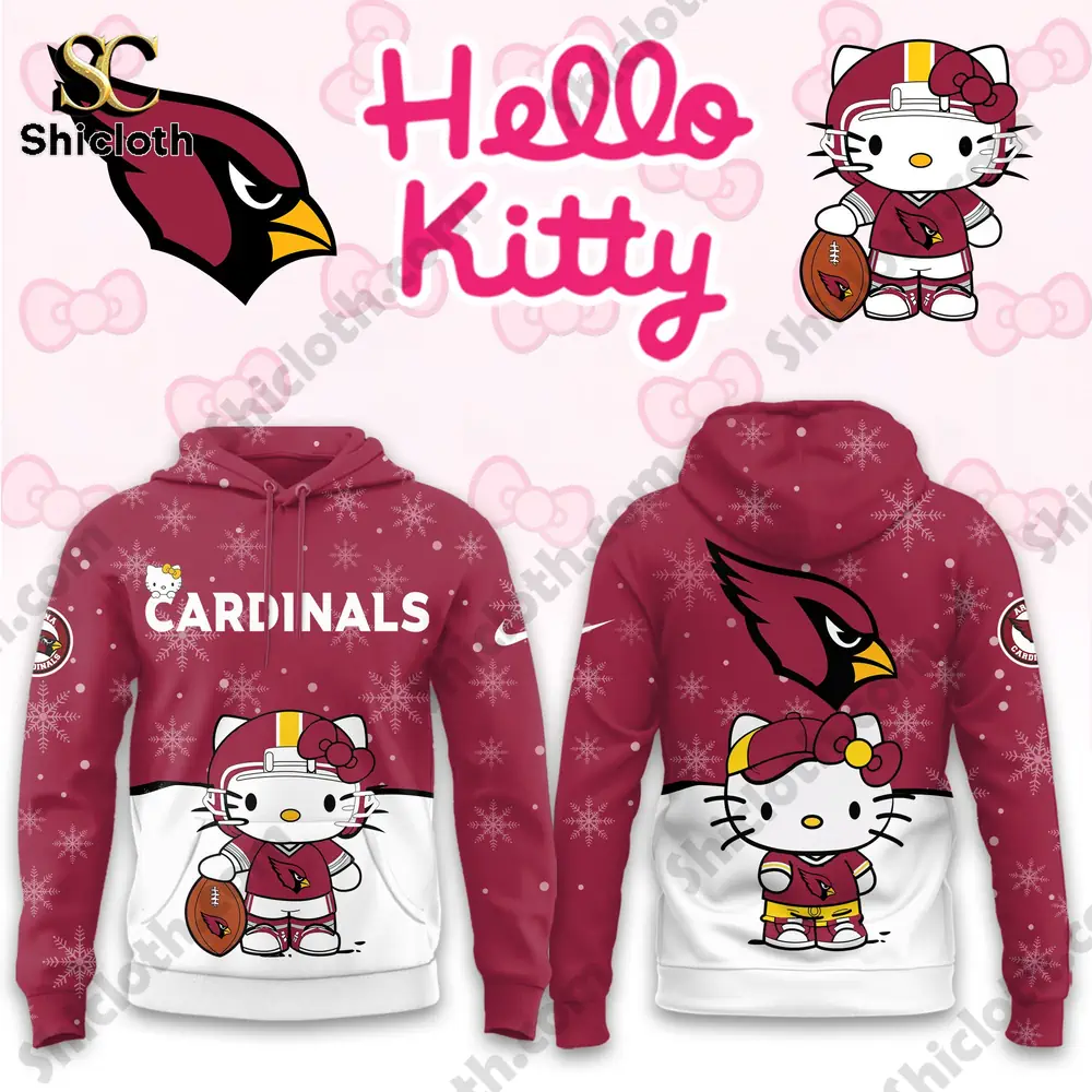 A red Arizona Cardinals Hello Kitty hoodie featuring Hello Kitty in football gear holding a football.
