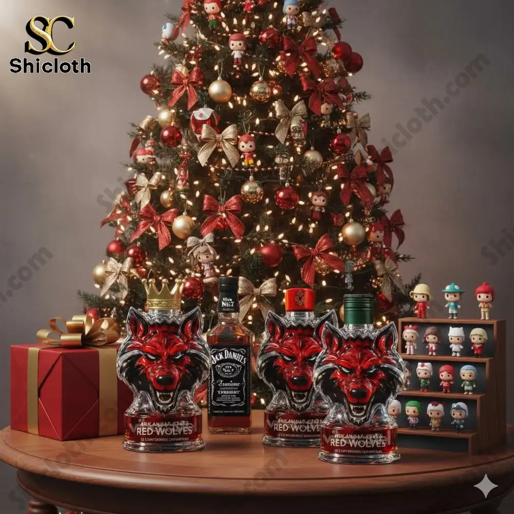 A Red Wolves whiskey bottle under a Christmas tree with festive decorations.