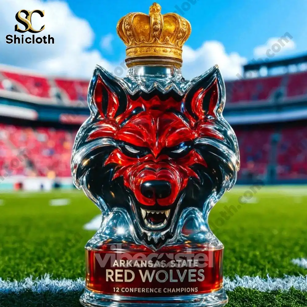A Red Wolves whiskey bottle with a crown cap on a football field.