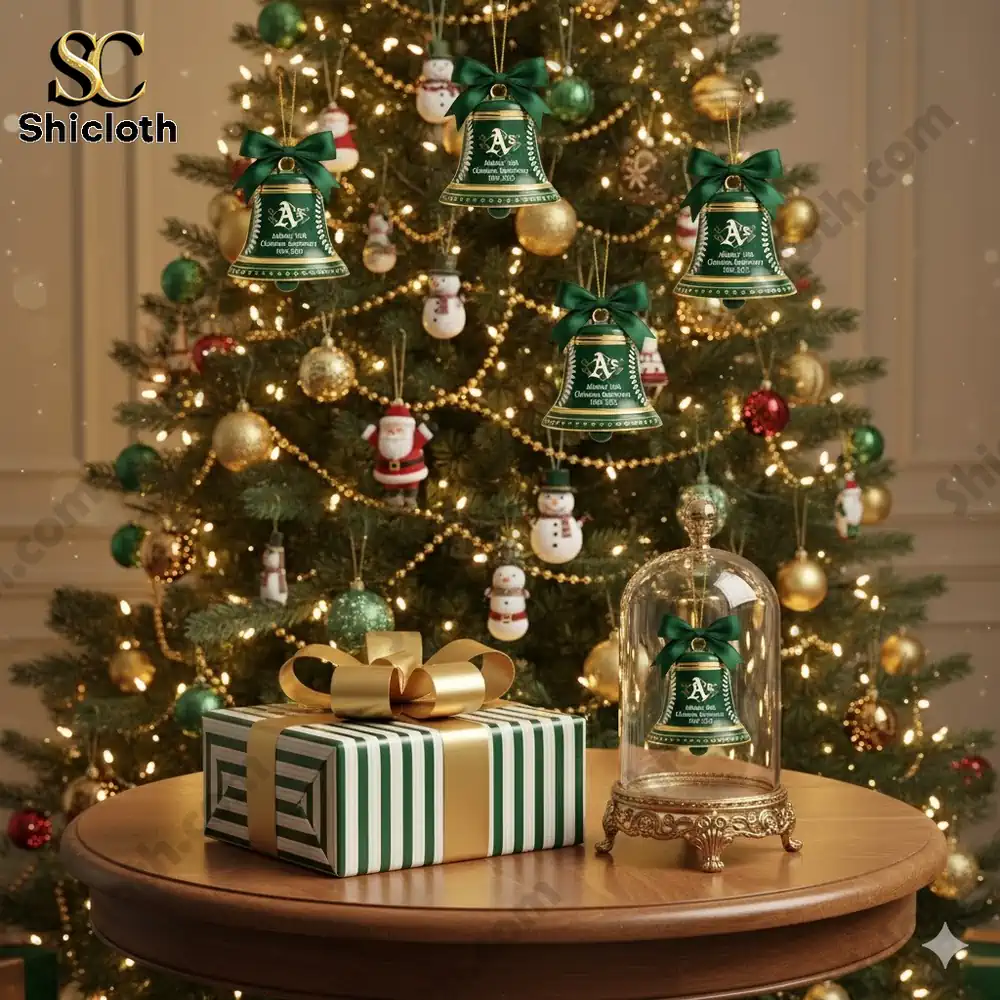 Green Athletics Christmas bell ornaments hanging on a Christmas tree with gold lights and presents on a table!