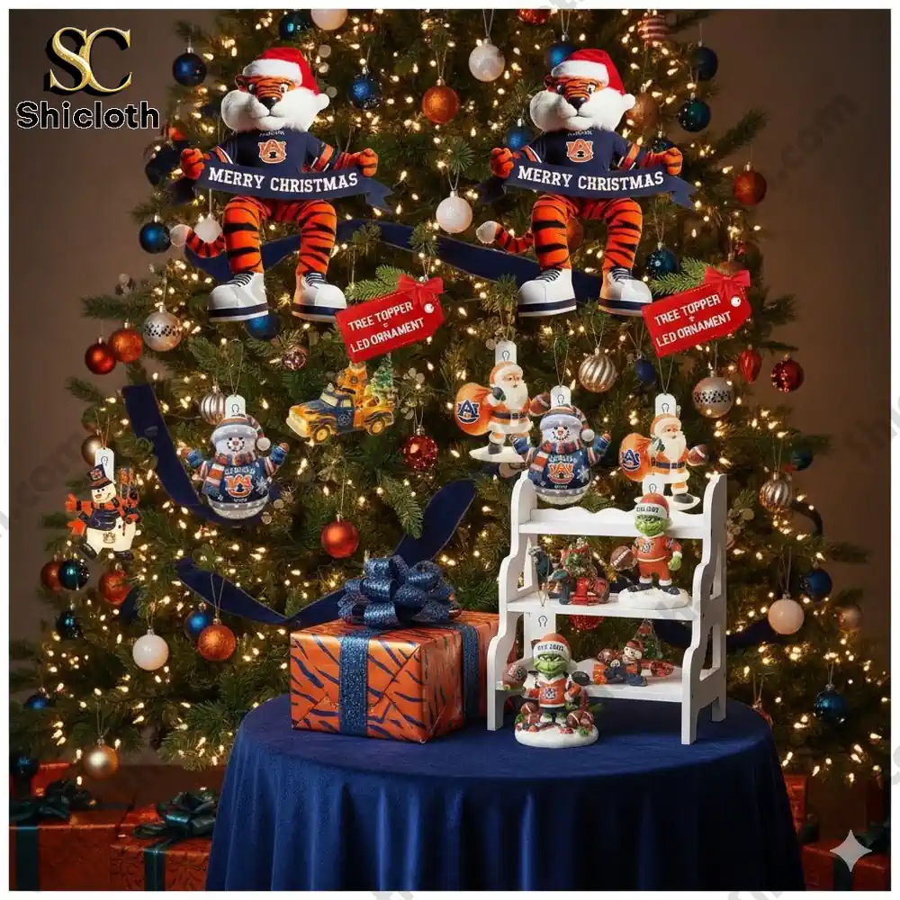 Christmas tree decorated with Auburn Tigers themed ornaments and lights.