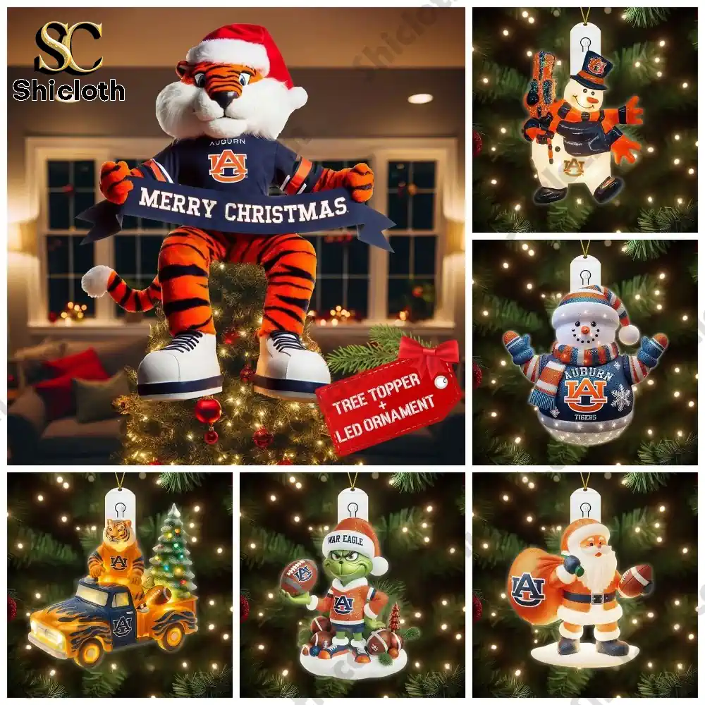 Set of Auburn Tigers Christmas ornaments featuring mascot, Santa, snowmen, and vehicles.