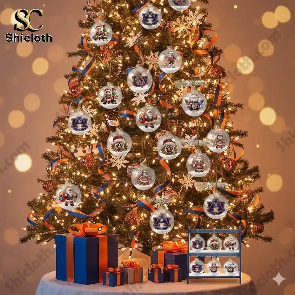 Christmas tree decorated with Auburn themed ornaments and gifts below!