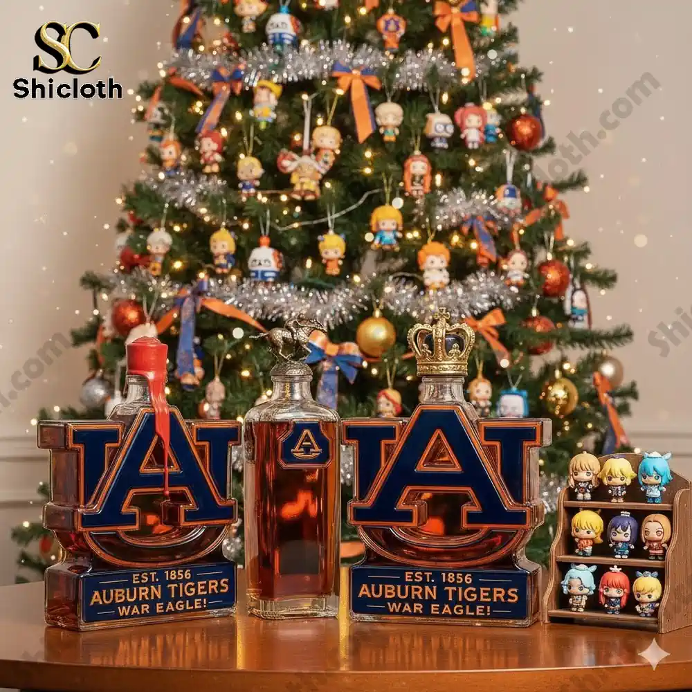 A set of Auburn Tigers logo shaped bottles displayed in front of a decorated Christmas tree with small character figures!