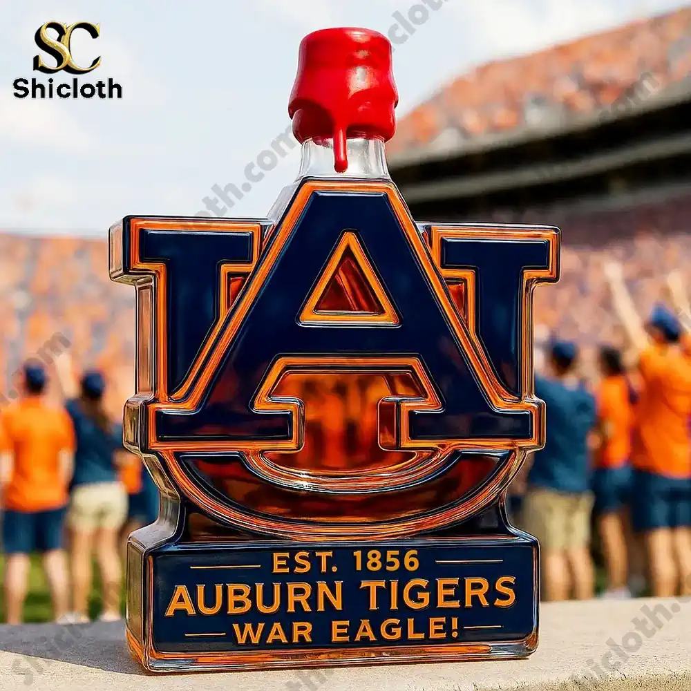 An Auburn Tigers logo shaped bottle with a red top displayed at a stadium setting!
