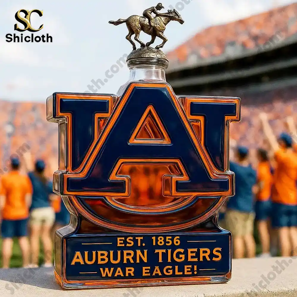 Auburn Tigers Limited Edition Christmas Whiskey Bottle 3 An Auburn Tigers logo shaped bottle topped with a horse rider figure at a stadium!