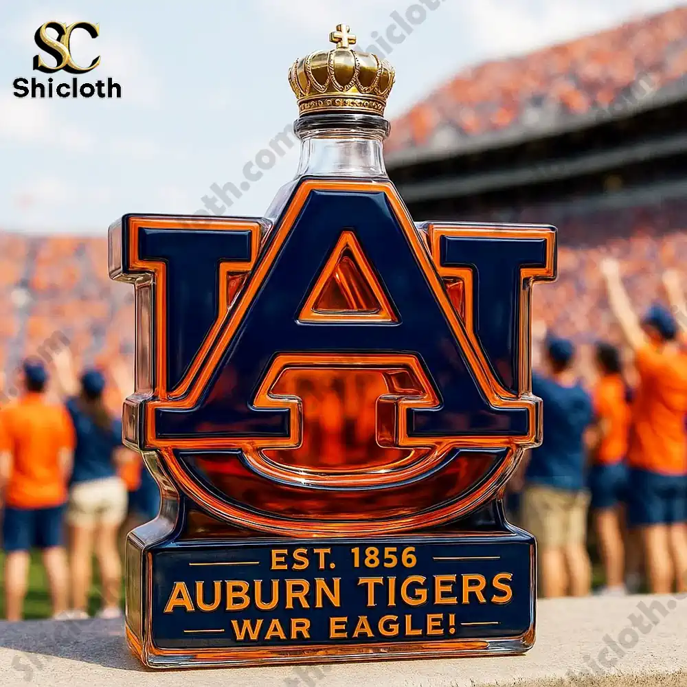 Auburn Tigers Limited Edition Christmas Whiskey Bottle 4 An Auburn Tigers logo shaped bottle with a crown top in a stadium scene!