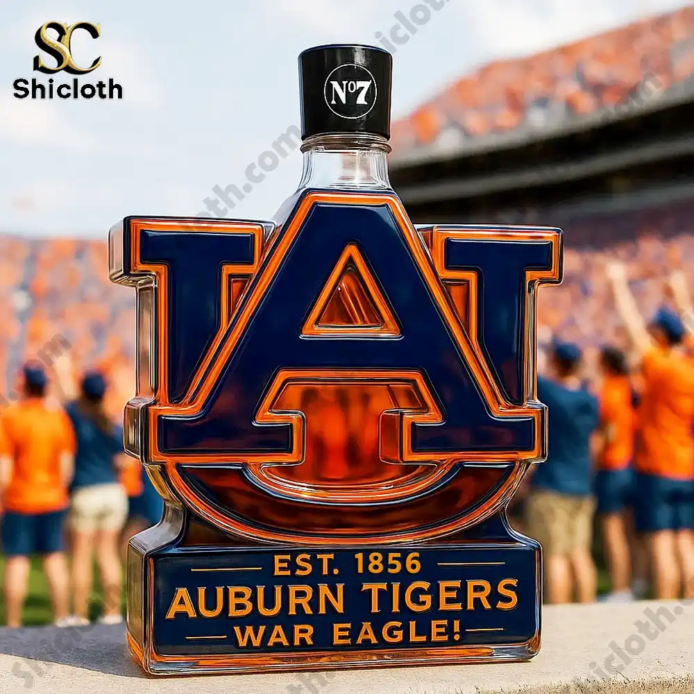 Auburn Tigers Limited Edition Christmas Whiskey Bottle 5 An Auburn Tigers logo shaped bottle with a black top marked seven in a stadium setting!