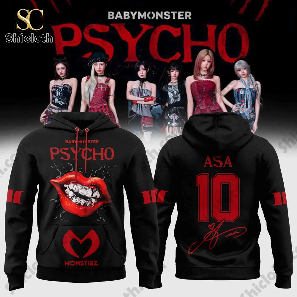 Babymonster Psycho We Go Up Hoodie Shirt 3 Front and back view of the Shicloth Psycho hoodie featuring a bold red lips design and the name ASA on the back.
