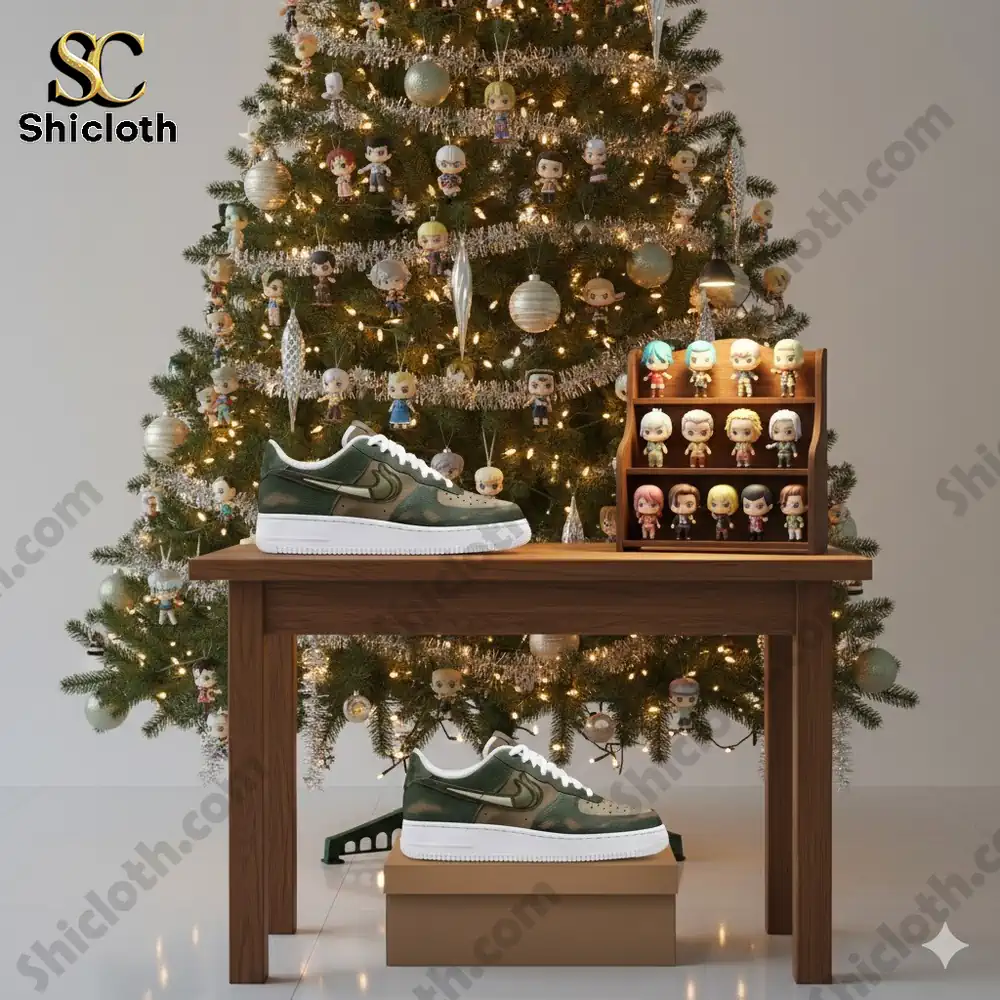 Green camouflage shoes displayed on a wooden table in front of a decorated Christmas tree!