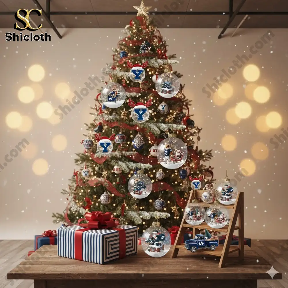 Christmas tree decorated with BYU Cougars themed ornaments!