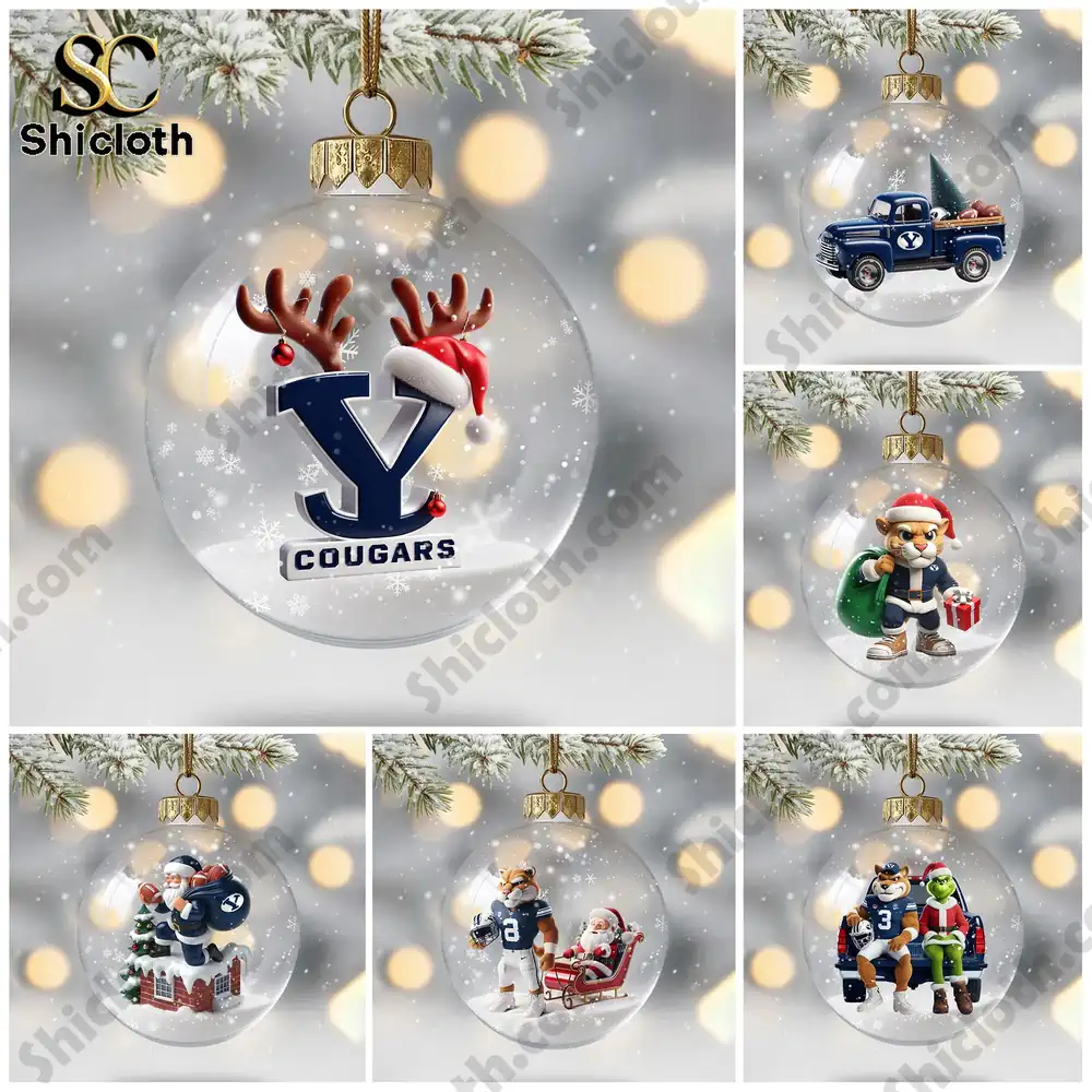 Collection of BYU Cougars Christmas themed ornaments displayed together!