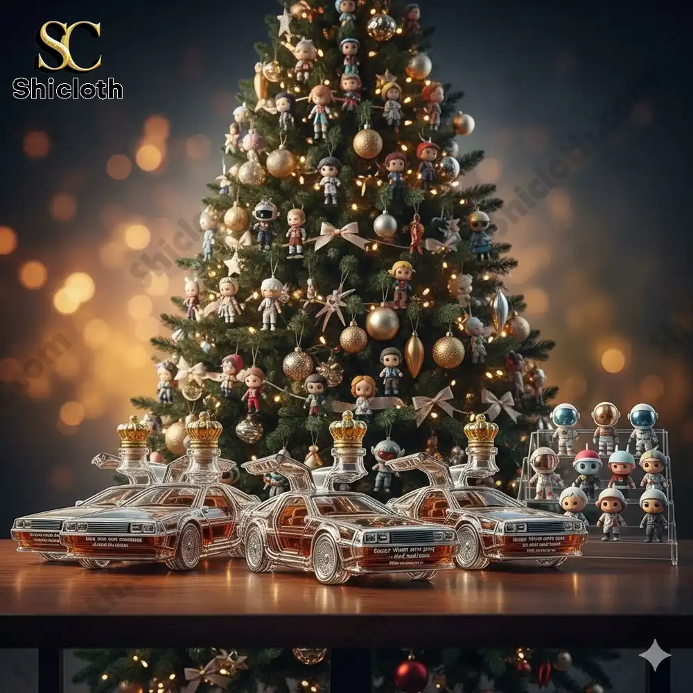 A decorated Christmas tree with small character ornaments and car shaped whiskey bottles on a table.