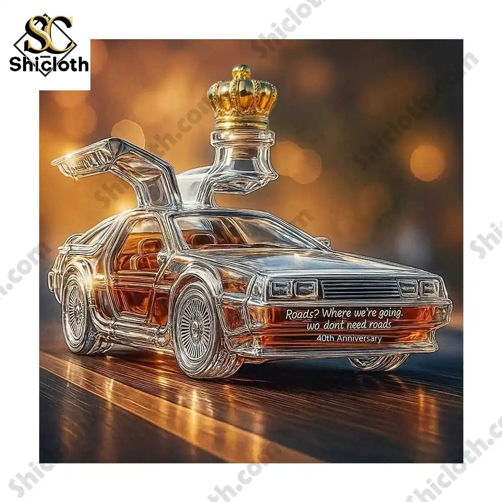 A detailed car shaped whiskey bottle with open doors and a crown shaped cap.