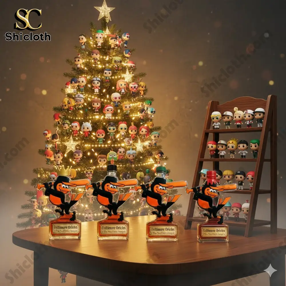 A Baltimore Orioles whiskey bottle displayed under a Christmas tree.