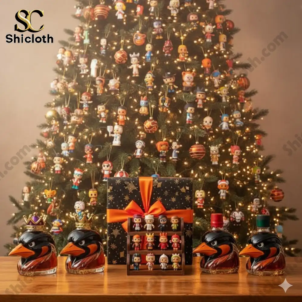 A beautifully decorated Christmas tree with numerous figurines hanging on it, and a collection of ornately designed bird whiskey bottles and a gift box in front.