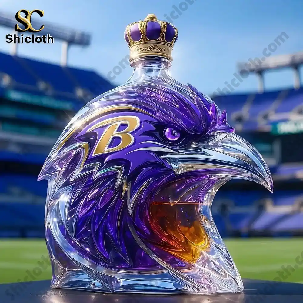 A purple bird-shaped whiskey bottle with a golden crown on top, set in a football stadium with the Baltimore Ravens logo.