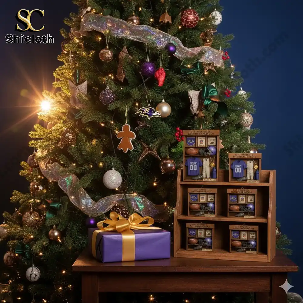 Christmas tree decorated with Baltimore Ravens ornaments and boxed miniature displays on a table.