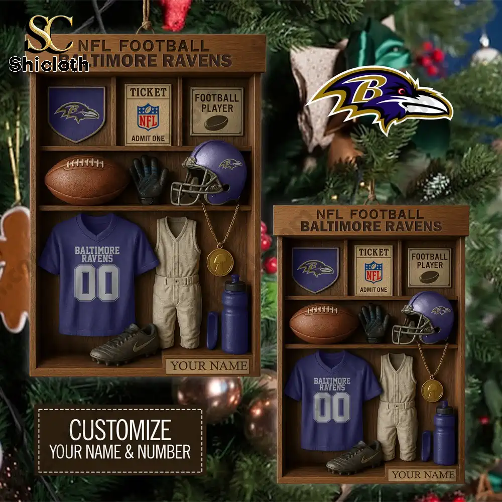 Detailed Baltimore Ravens themed ornament box with miniature football gear.
