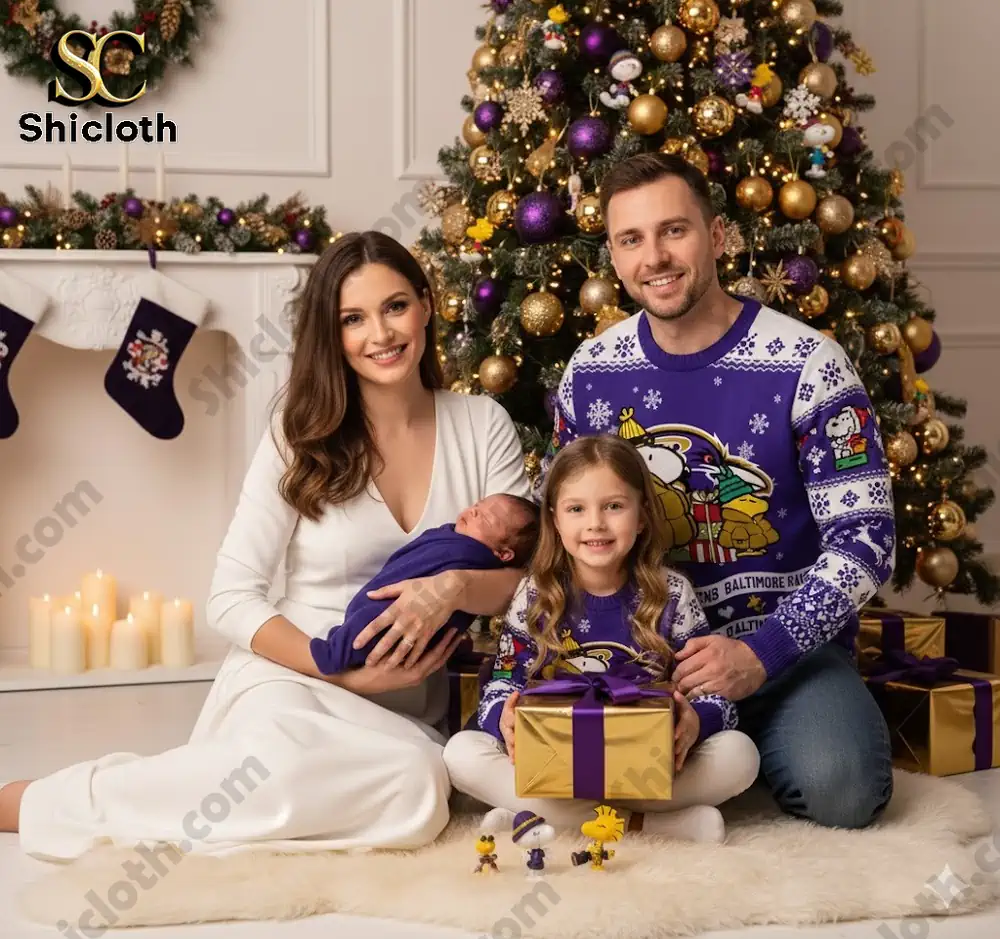 A family posing for a Christmas photo in front of a decorated tree, wearing matching Baltimore Ravens Peanuts Snoopy ugly sweaters.