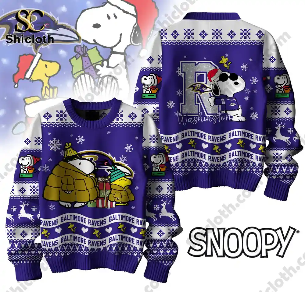 Baltimore Ravens Peanuts Snoopy ugly sweater featuring Snoopy in a Santa hat and a playful design with snowflakes and holiday symbols.