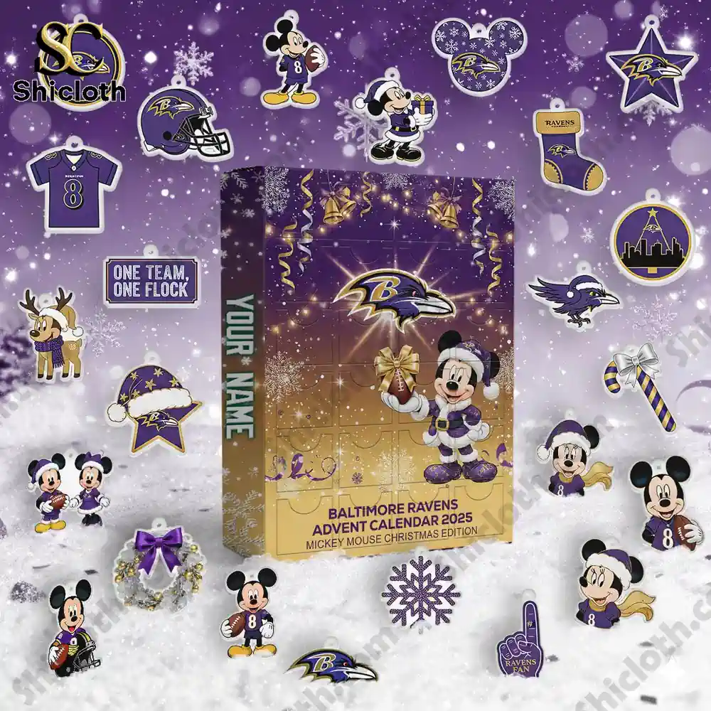 Baltimore Ravens x Mickey Mouse Custom Name Advent Calendar 2025 3 Baltimore Ravens Mickey Mouse Advent calendar 2025 surrounded by themed Christmas ornaments and mini figures!