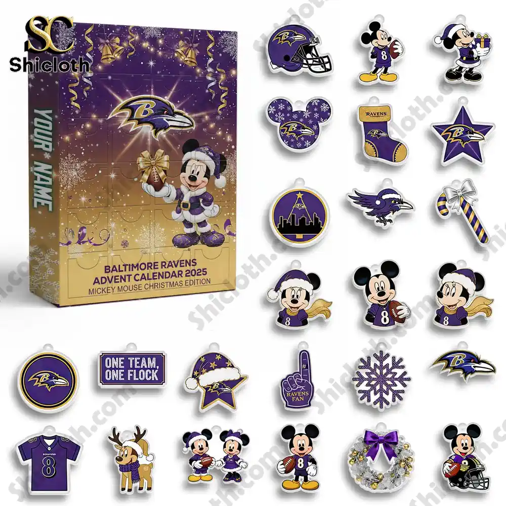 Baltimore Ravens x Mickey Mouse Custom Name Advent Calendar 2025 4 Baltimore Ravens Mickey Mouse Advent calendar 2025 with collectible mini ornaments displayed around the box!