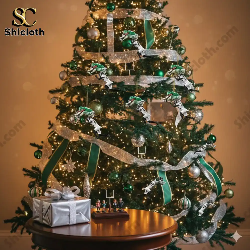 Christmas tree decorated with small athlete ornaments and lights.