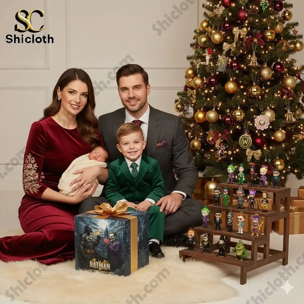 A family posing beside a Christmas tree with Shicloth’s Batman Advent Calendar 2025 and collectible figurines.