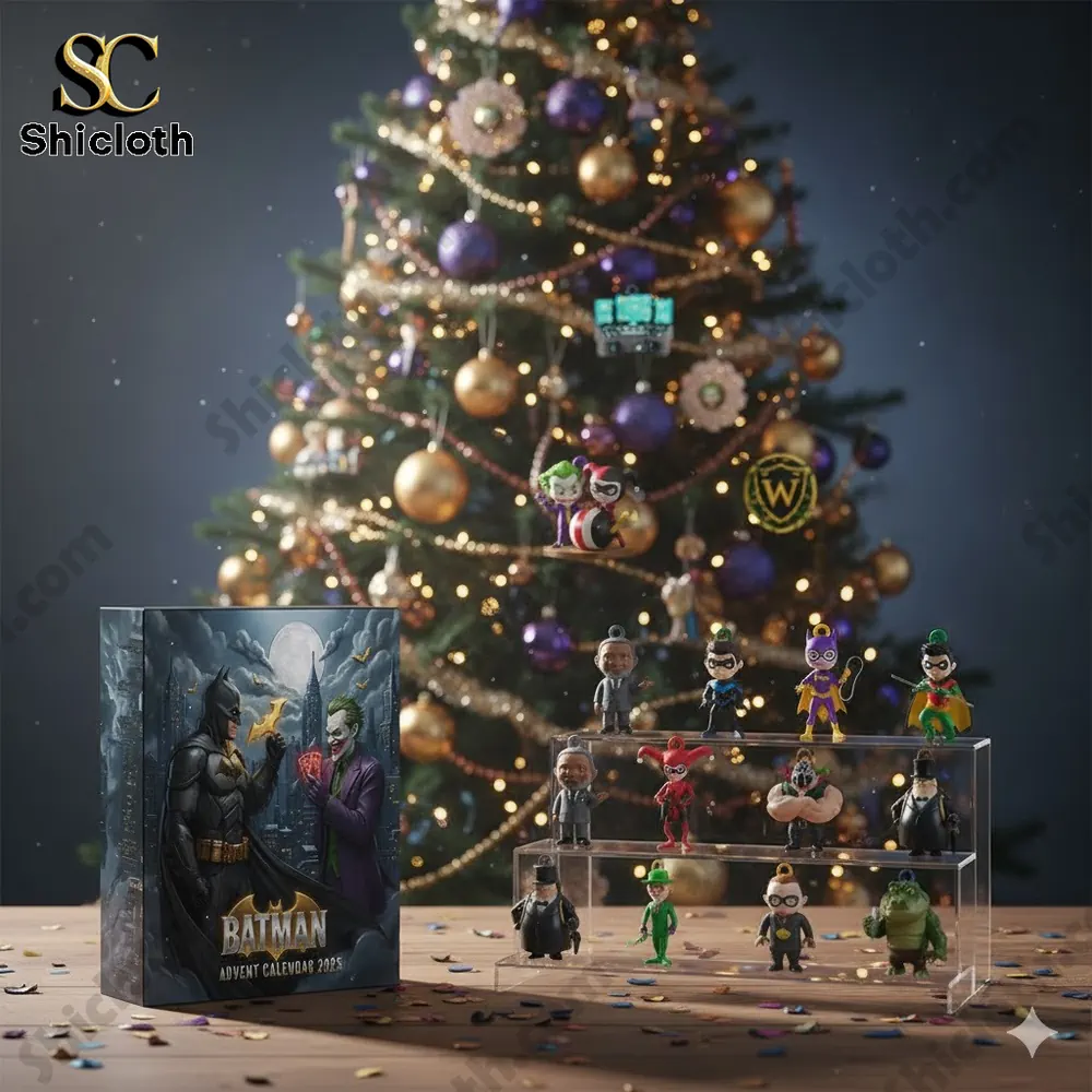 A decorated Christmas tree with Batman Advent Calendar 2025 and collectible mini figures from Shicloth.