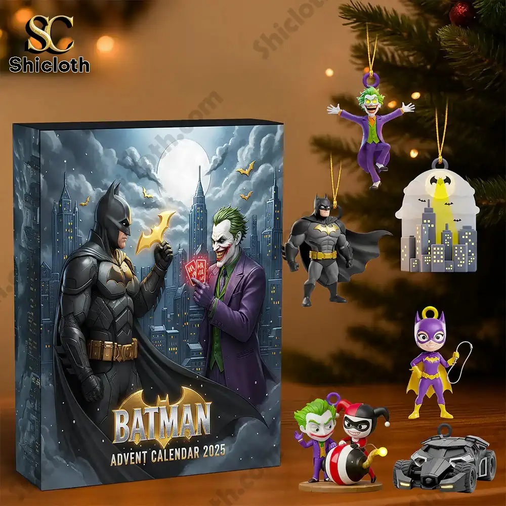 Batman And Joker 2025 Advent Calendar Blind Box Christmas Gifts 3 Batman Advent Calendar 2025 box with hanging Batman and Joker ornaments from Shicloth.