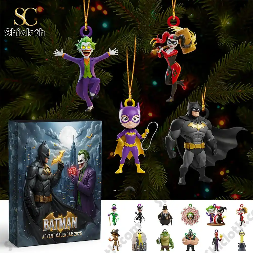 Batman And Joker 2025 Advent Calendar Blind Box Christmas Gifts 4 Close-up of Batman, Joker, Batgirl, and Harley Quinn hanging ornaments from Shicloth’s Batman Advent Calendar 2025.