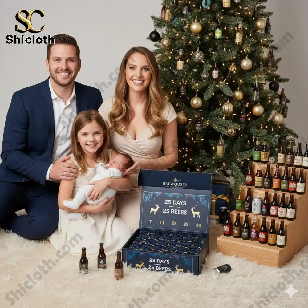 A family posing next to a Christmas tree with a 25 day beer advent calendar and beer bottles displayed nearby!