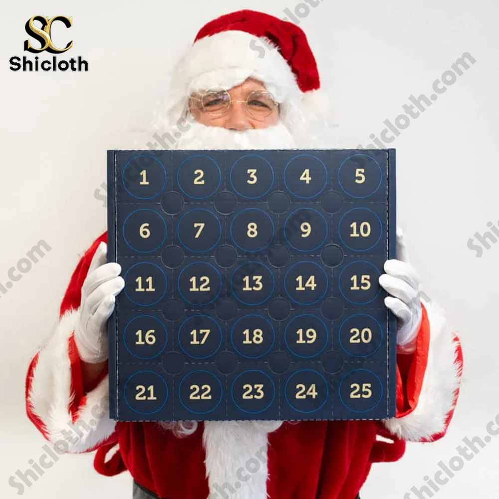 Beer Advent Calendar 2025_ 25-Day Holiday Craft Beer Case 4 Santa holding a square advent calendar panel numbered 1 to 25 in gold on navy background!