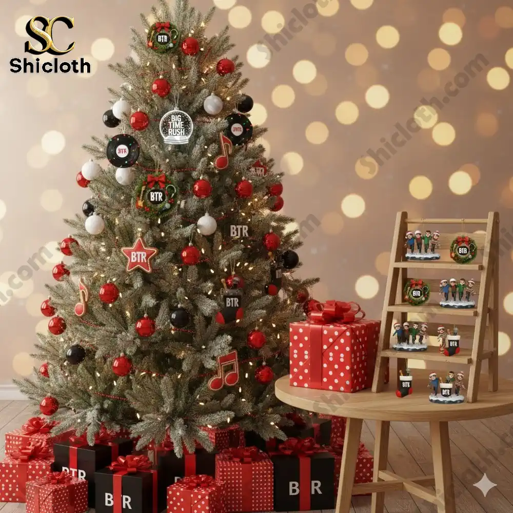 Christmas tree decorated with Big Time Rush themed ornaments and gift boxes