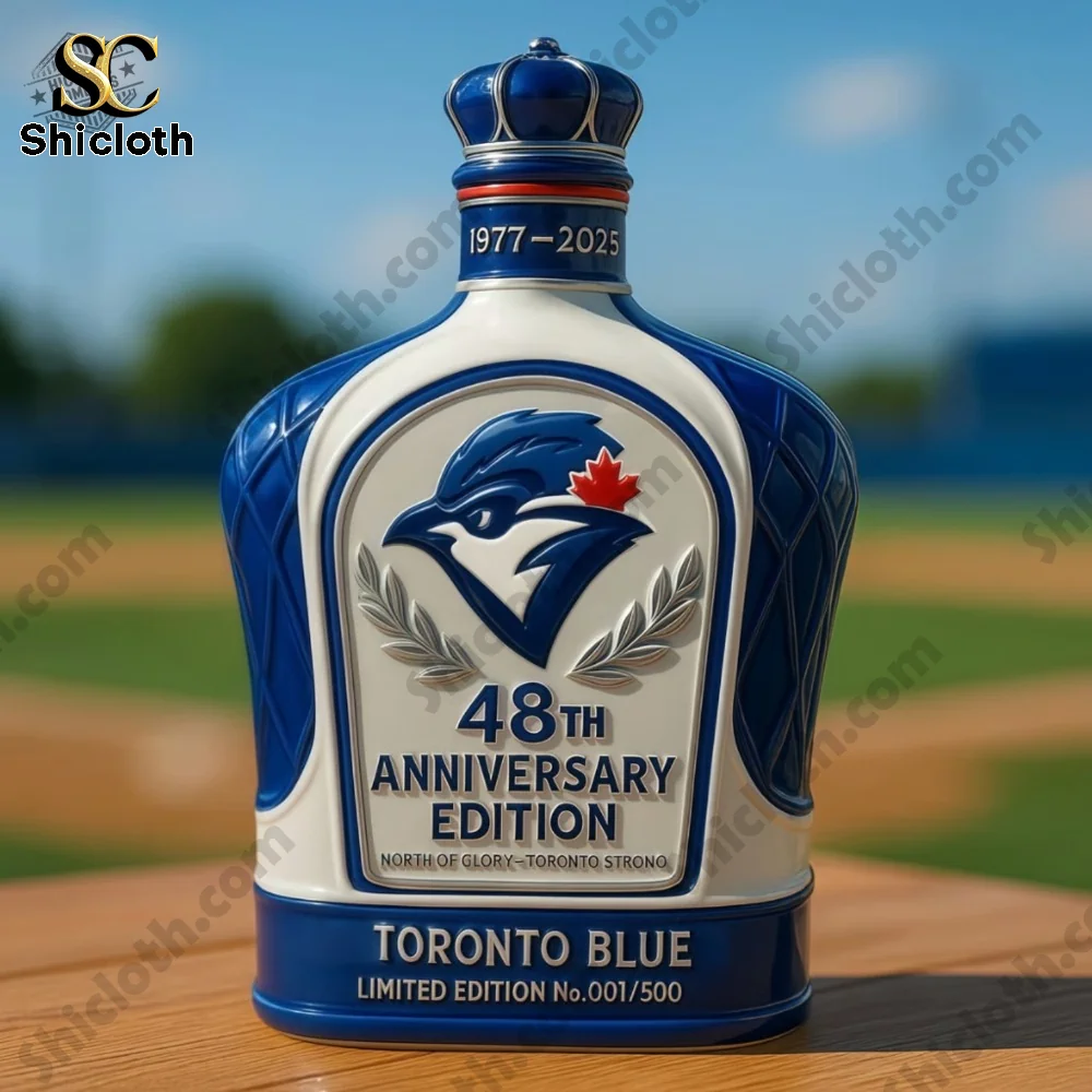 Close-up of the Toronto Blue Jays 48th Anniversary Edition whiskey bottle with a unique blue and white design.
