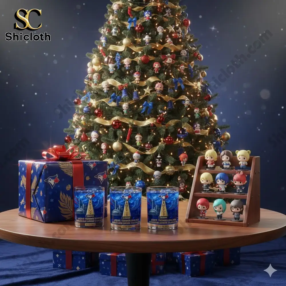 A decorated Christmas tree with small collectible figures gifts and themed glasses on a table!