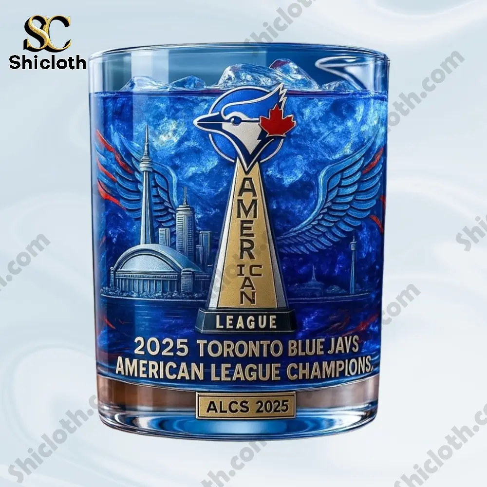 A close up view of a blue Toronto Blue Jays American League champion glass filled with ice!