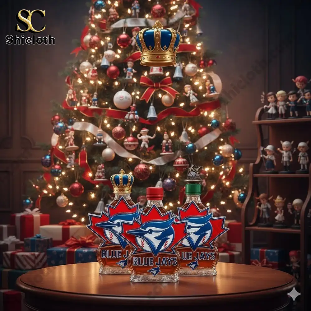 A festive Christmas setting featuring a collection of Blue Jays bird-shaped whiskey bottles with different caps, and a decorated Christmas tree in the background.