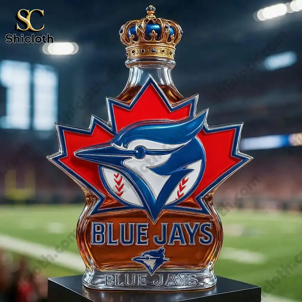 A Blue Jays bird-shaped whiskey bottle with a royal crown, set against a football stadium background.