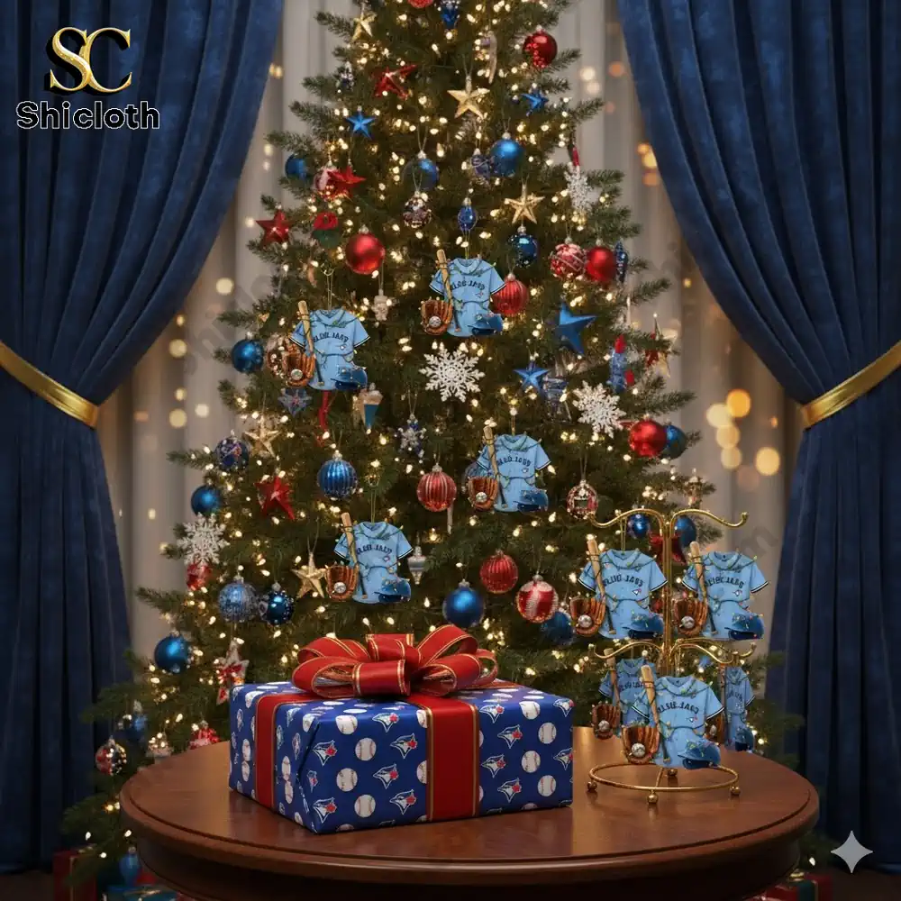 Christmas tree decorated with Blue Jays jersey ornaments and colorful lights beside a blue and red gift box!