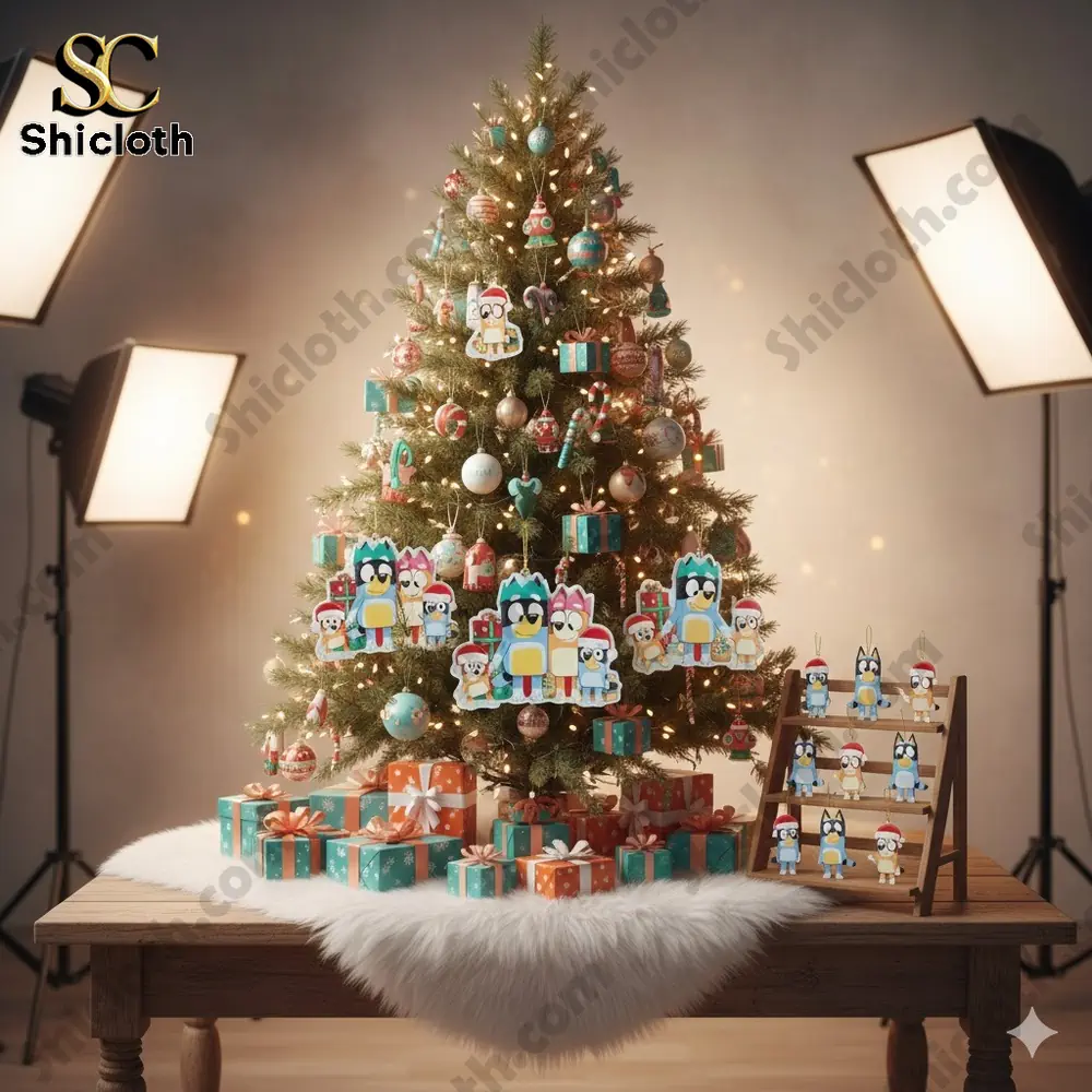 Christmas tree decorated with cartoon character ornaments and wrapped gifts on a table in a studio setting!