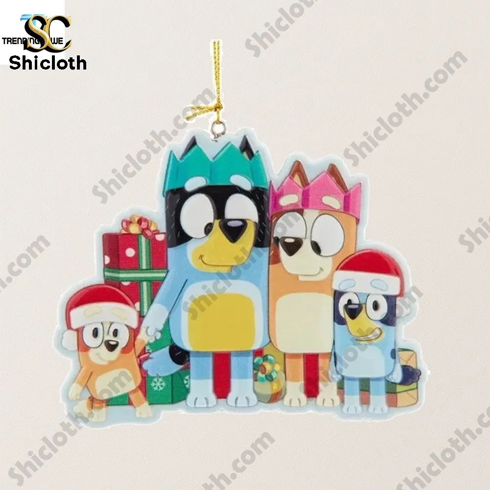 Cartoon family ornament with Christmas hats and gifts standing together!