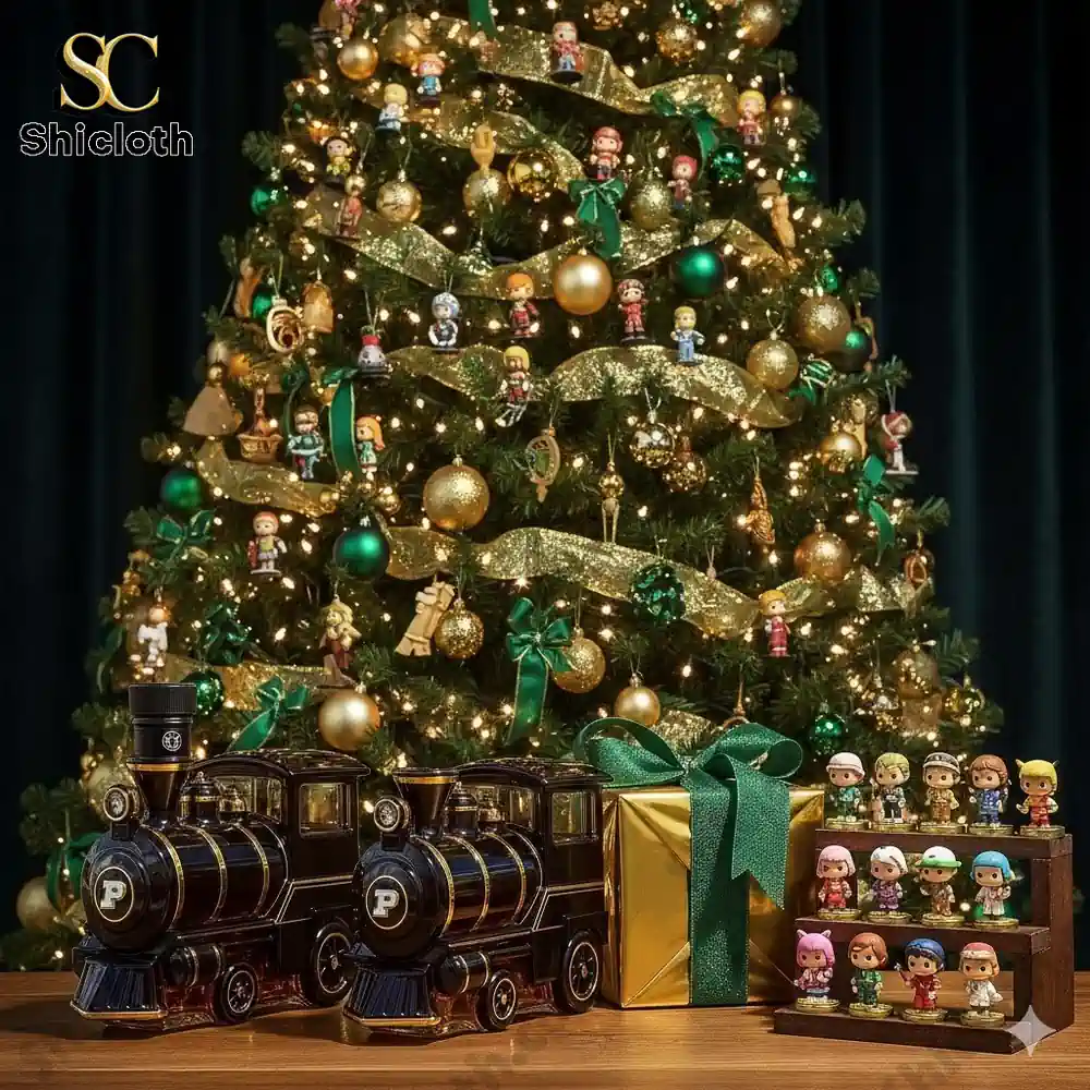 Christmas tree decorated with golden ornaments, small collectible figures, and black-gold train models by Shicloth.