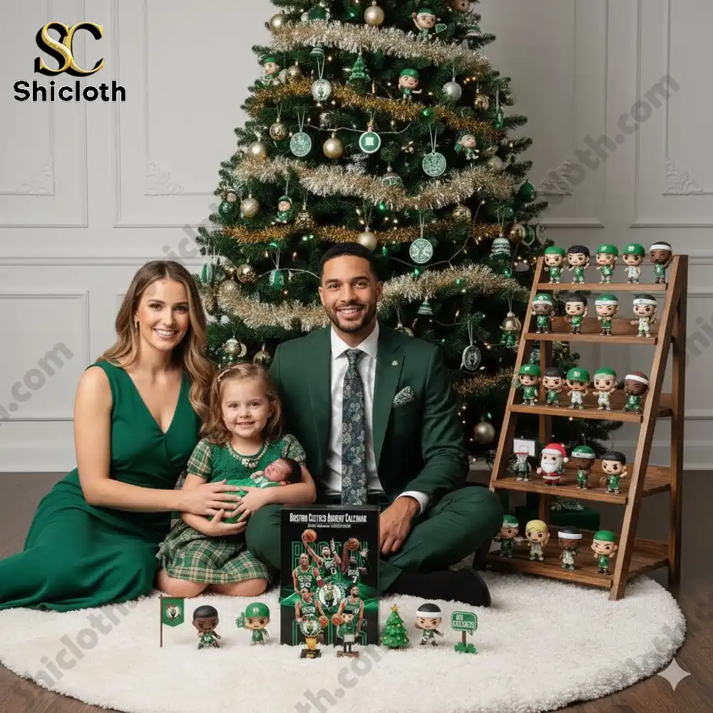 A family posing with a Boston Celtics advent calendar and a green themed Christmas tree!