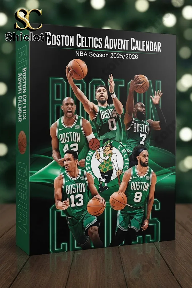 Close up of the Boston Celtics 2025 advent calendar box cover featuring players and team logo!