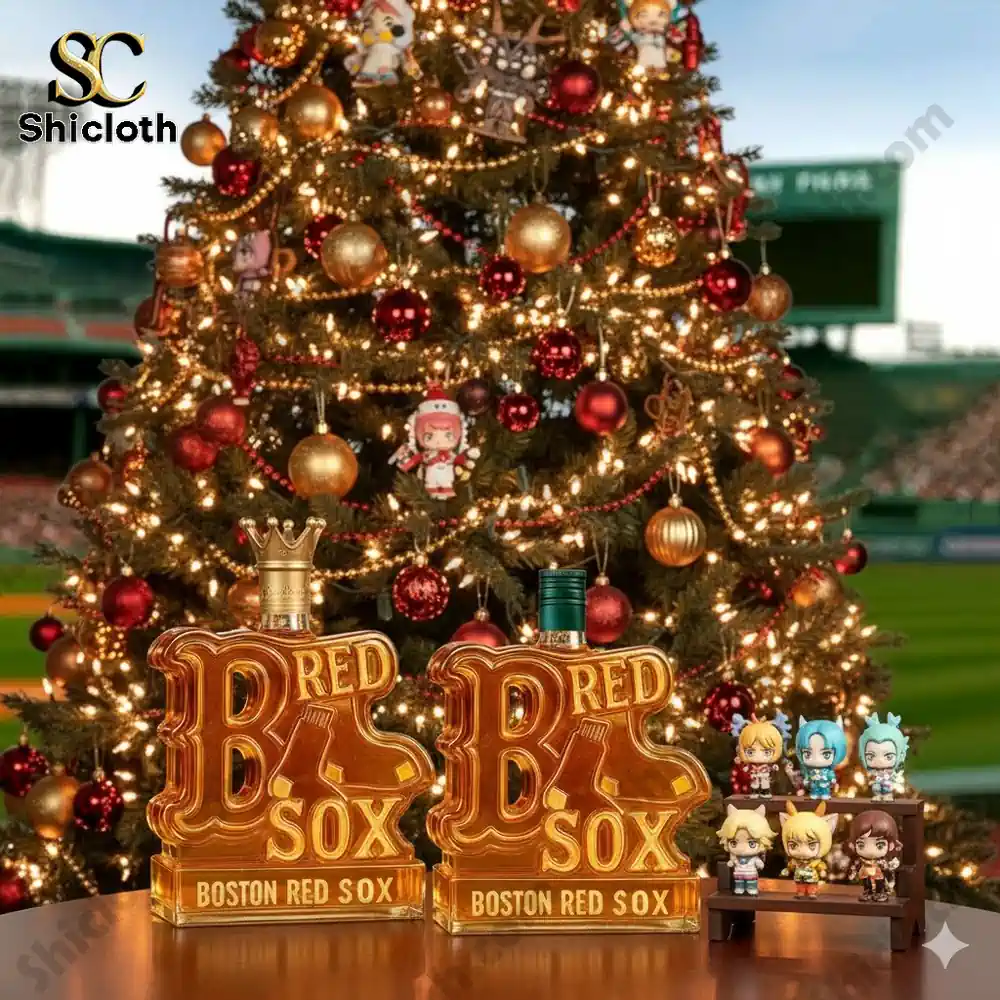 Two Boston Red Sox logo bottles displayed before a lit Christmas tree at a ballpark with small figures on the side!