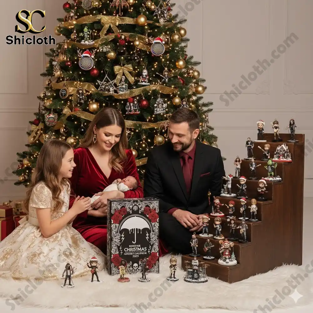 A family posing by a Christmas tree with the Bring Me The Horizon advent calendar and collectible figures displayed.